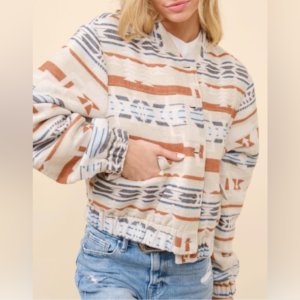 NEW blue b Cream Caramel Brown Gray Blue Aztec Tribal Print Button Down Jacket - Picture 4 of 6